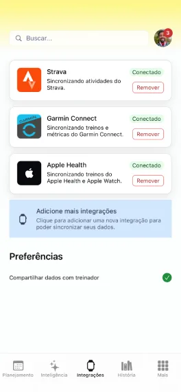 Integrações Strava, Garmin e Apple