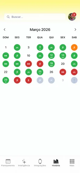 Calendário de treinos